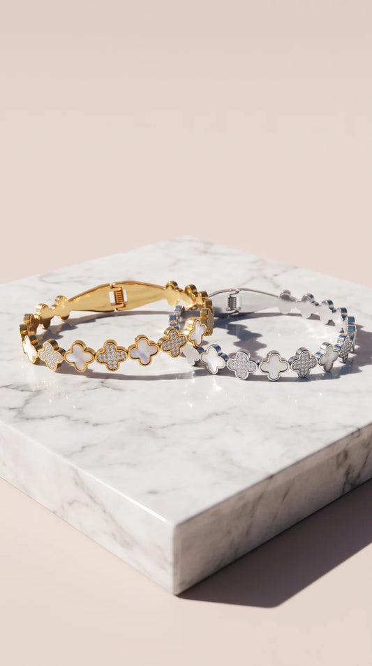 Clover Stainless Steel Gold Plated Crystal Bangle