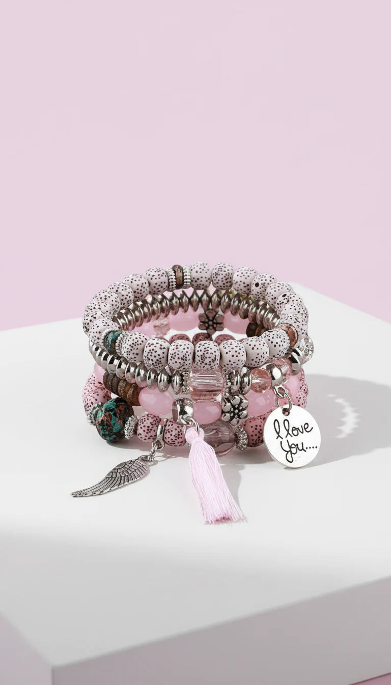 Wings & Tassel Ceramic Charm Beaded Bracelet Set
