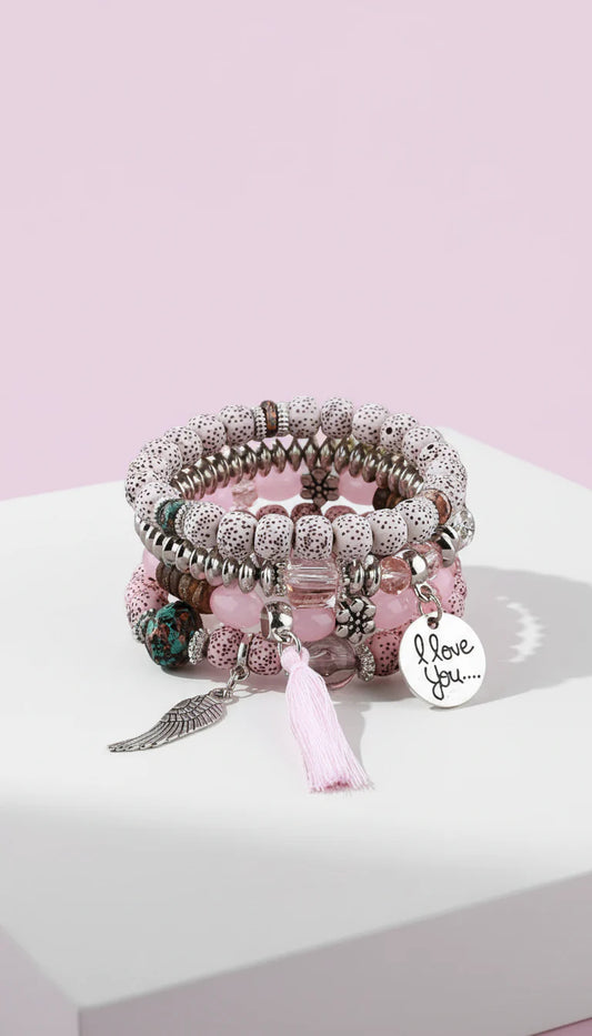Wings & Tassel Ceramic Charm Beaded Bracelet Set