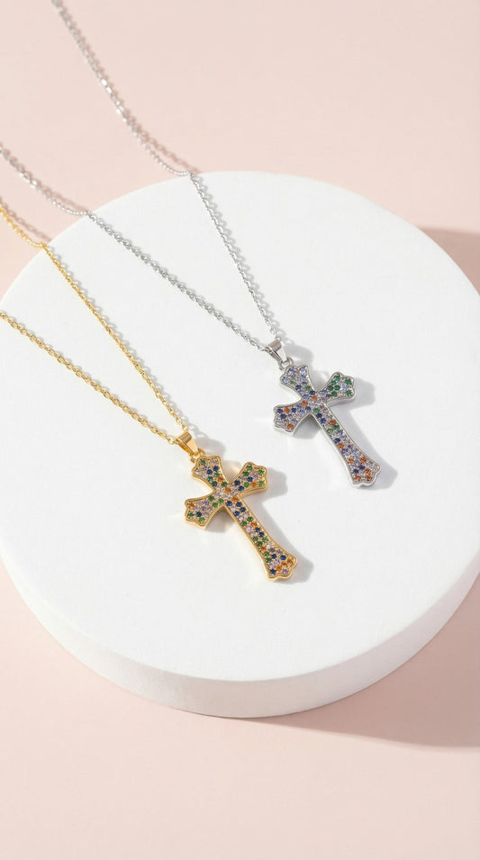 Rainbow Gothic Crystal Cross Stainless Steel Necklace
