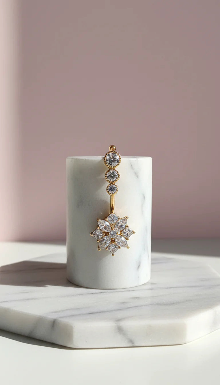Flower Gold Plated Stainless Steel Crystal Belly Bar