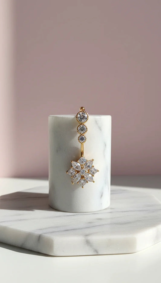 Flower Gold Plated Stainless Steel Crystal Belly Bar