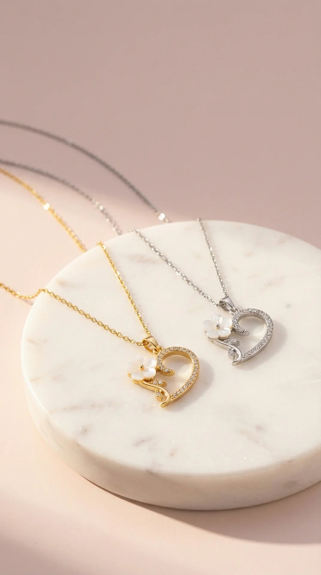 Heart & Flower Crystal Pendant Stainless Steel Gold Plated Necklace