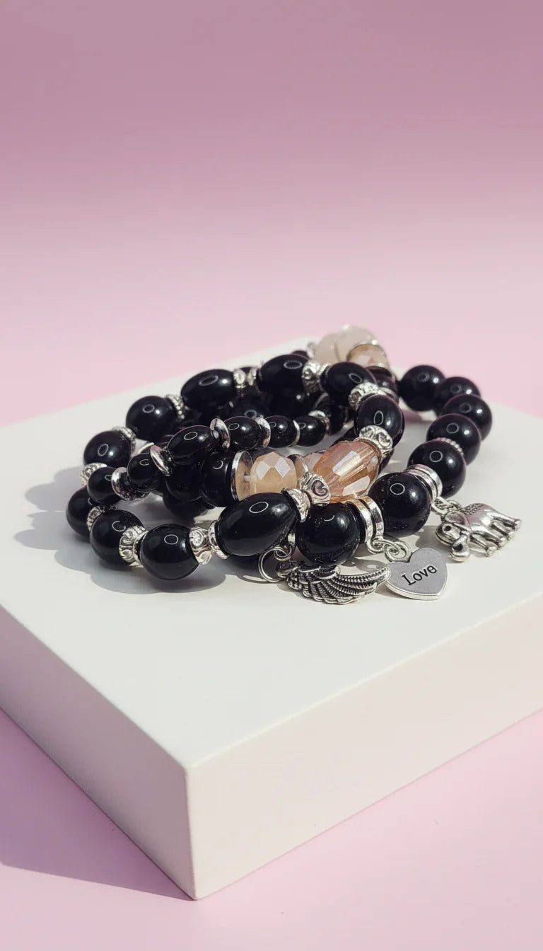 Elephant Love Charm Ceramic Beaded Bracelet Set