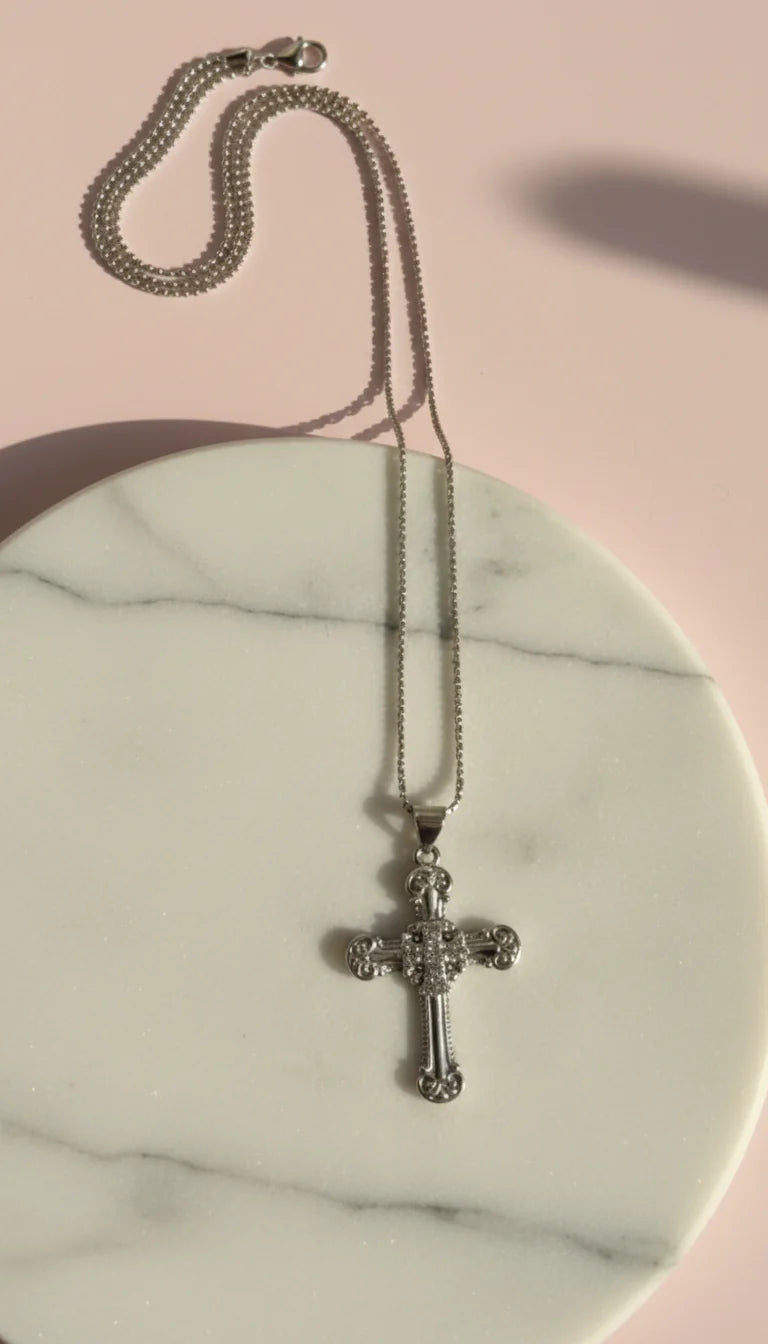 Waterproof Inlaid Crystal Cross Gold Plated Necklace