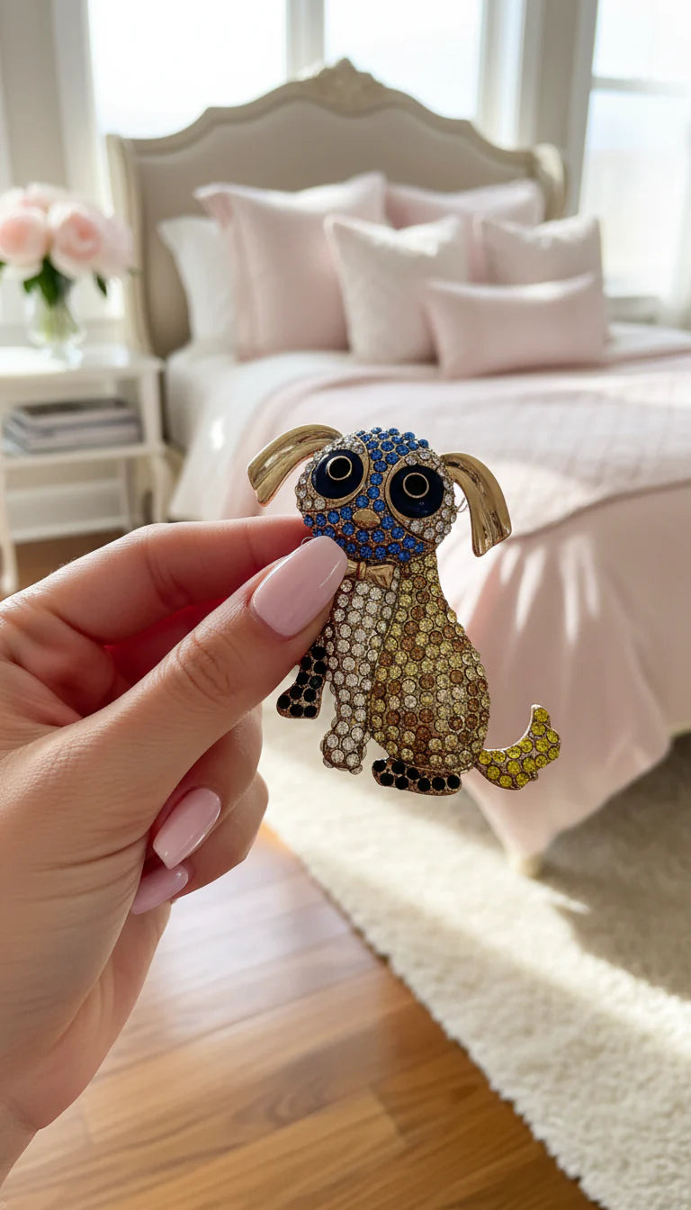 Crystal Puppy Dog & Bow Tie Oversized Statement Brooch Pin