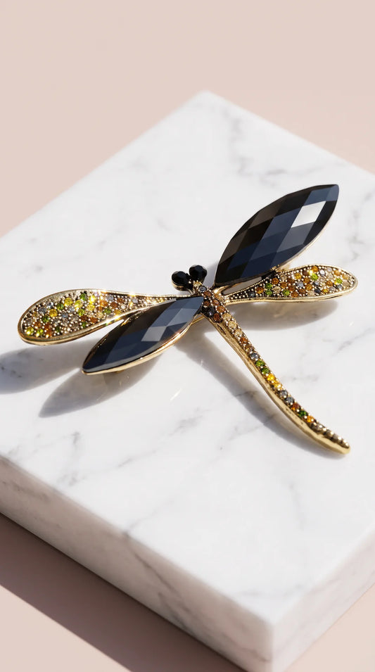 Gold Dragonfly Crystal Brooch Pin