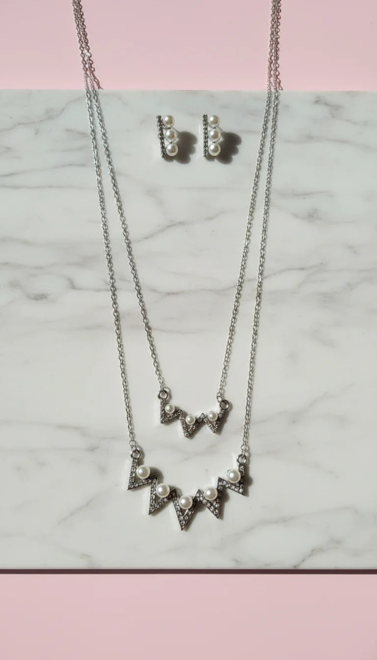Layered Pearl Zig Zag Pendant Necklace & Earring Set