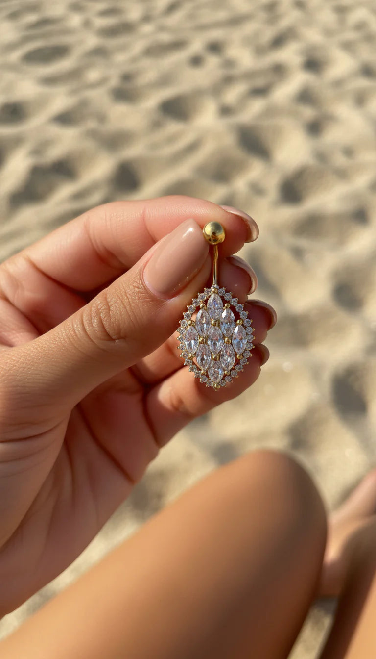 Gold Plated Marquise Statement Stainless Steel Waterproof Crystal Belly Bar