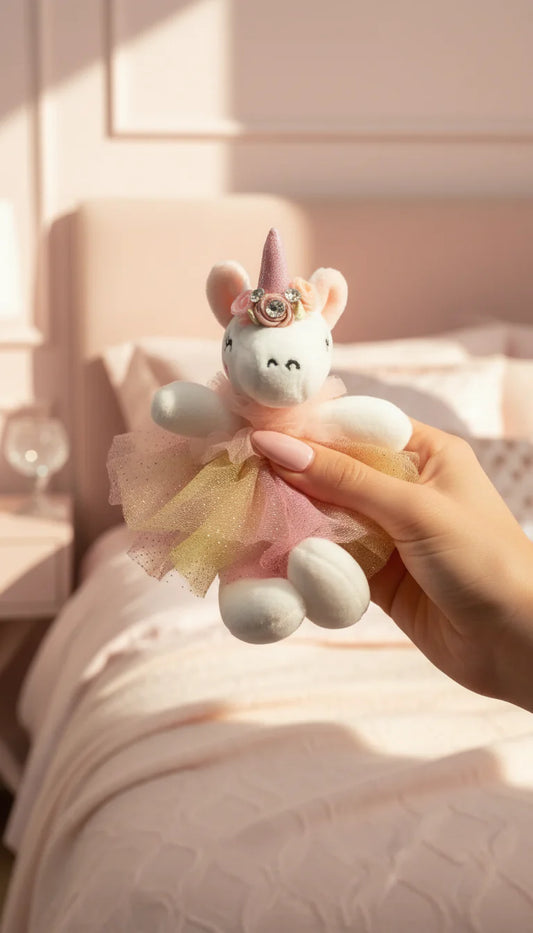 Hand holding a plush unicorn keyring with a pink mane and horn against a soft pink background.