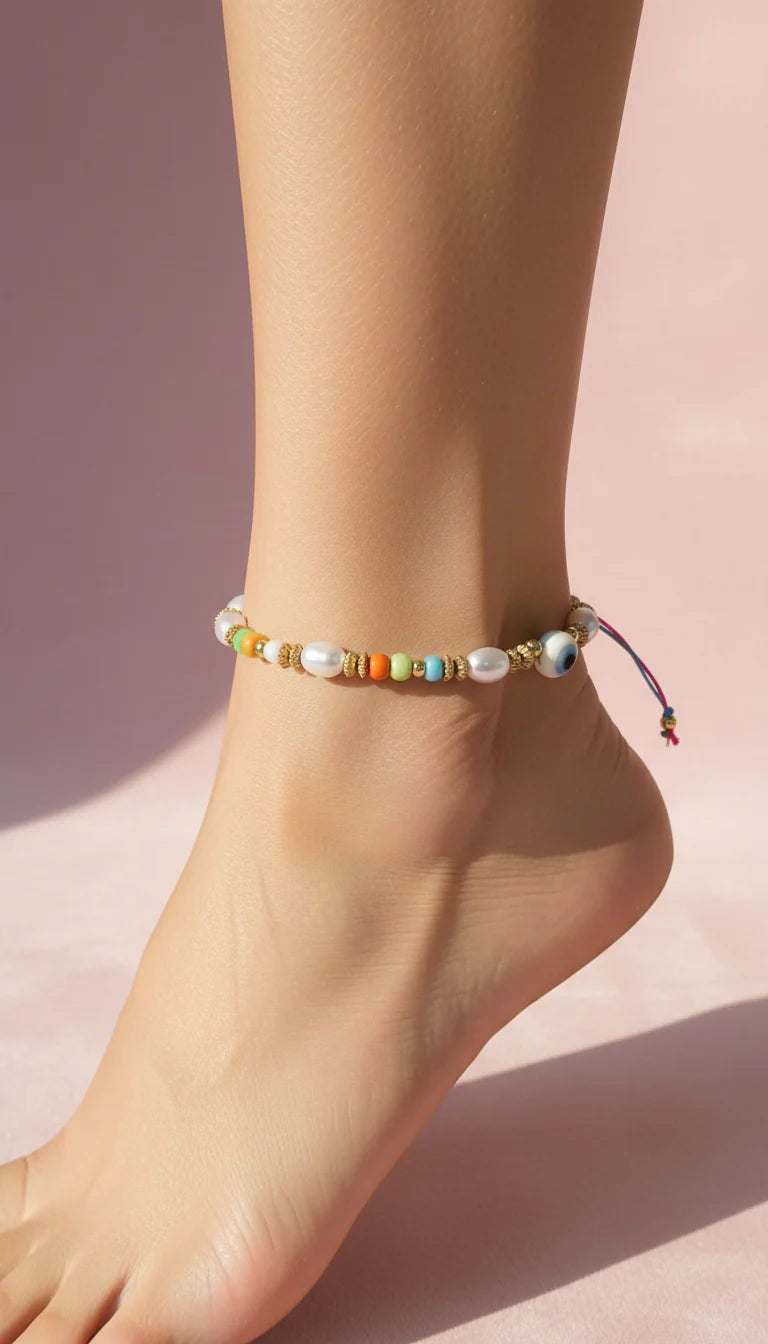 Evil Eye Beaded Pull Tie Anklet