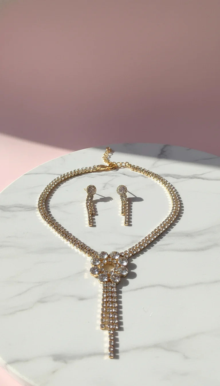 Flower Cluster Statement Crystal Necklace & Earrings Set