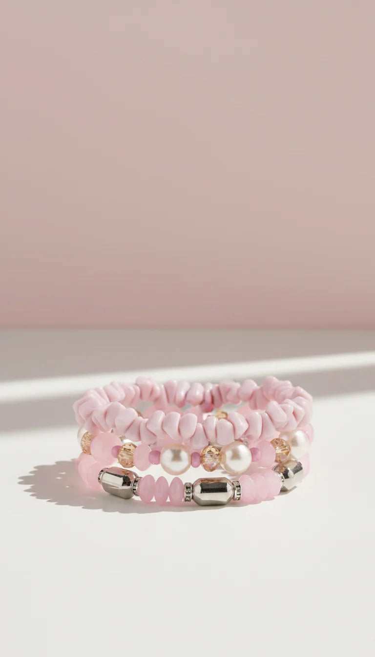 Silver Pearl Ceramic Beaded Bracelet Set