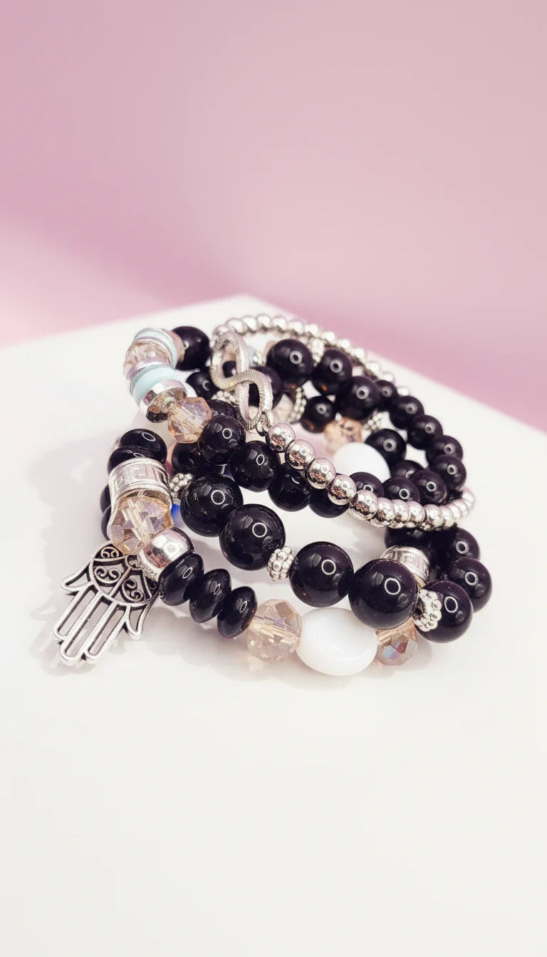 Bow & Hamsa Silver Charm Ceramic Beaded Bracelet Set