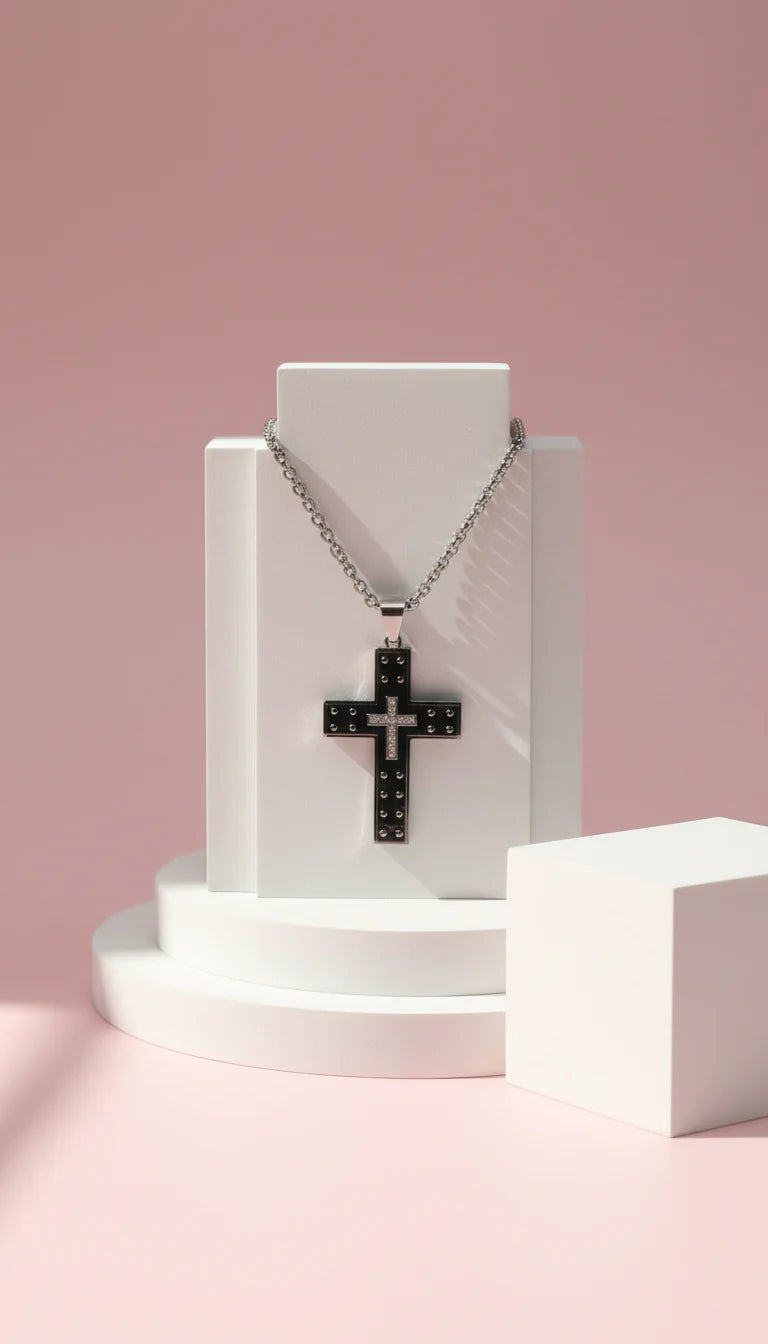 Studded Cross Stainless Steel Necklace Pendant