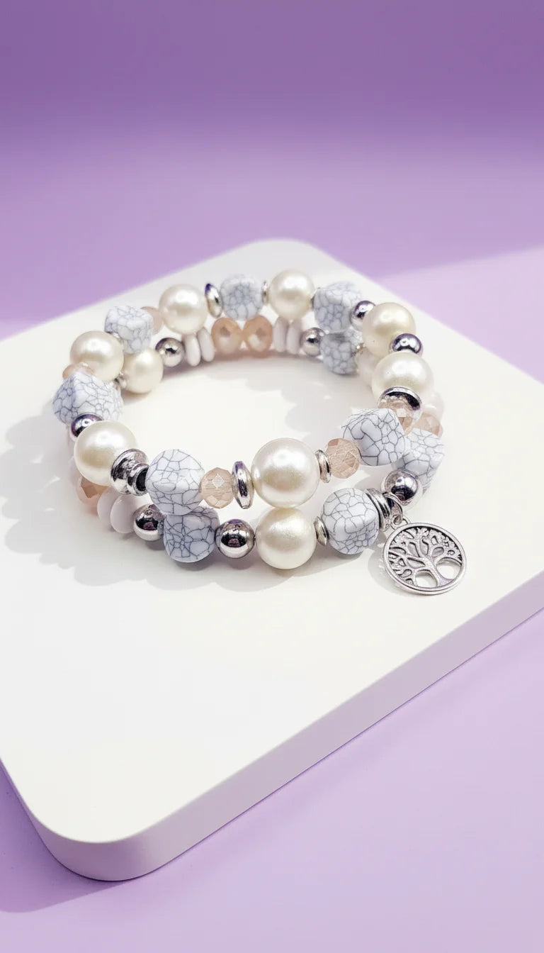 Mini Tree Of Life Double Charm Ceramic Beaded Bracelet Set