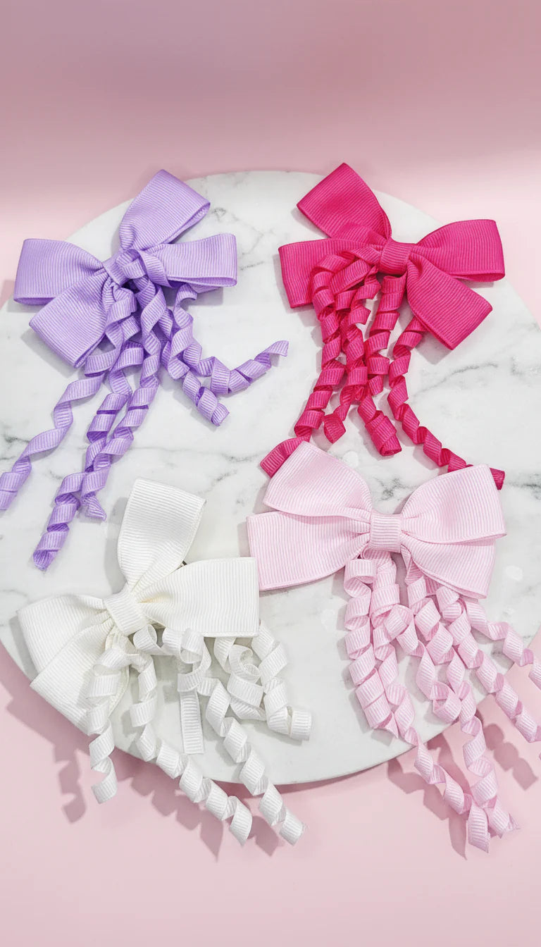Pastel Curly Hair Bow Tassel Clip Slide Pack of 24