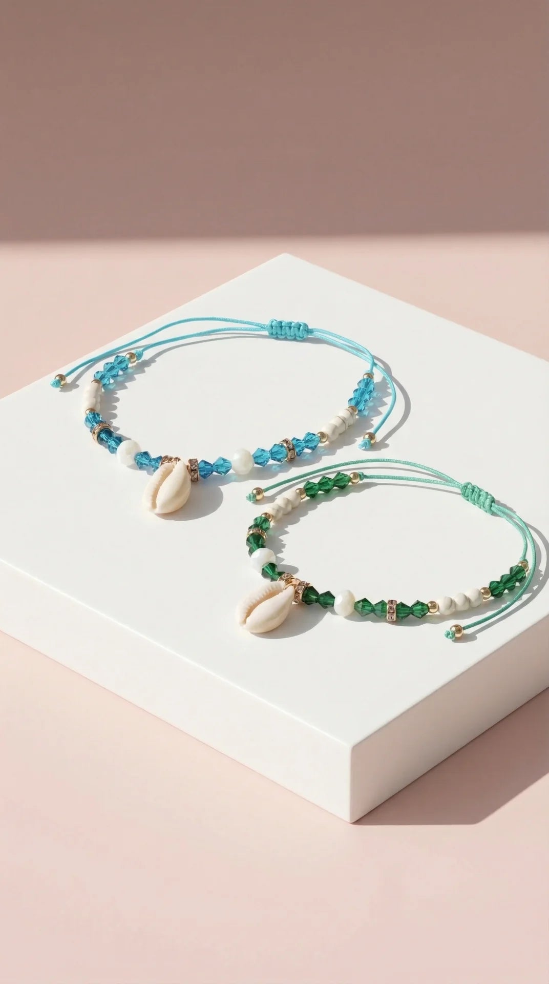 Two beaded anklets with shell accents on a white box against a pink background