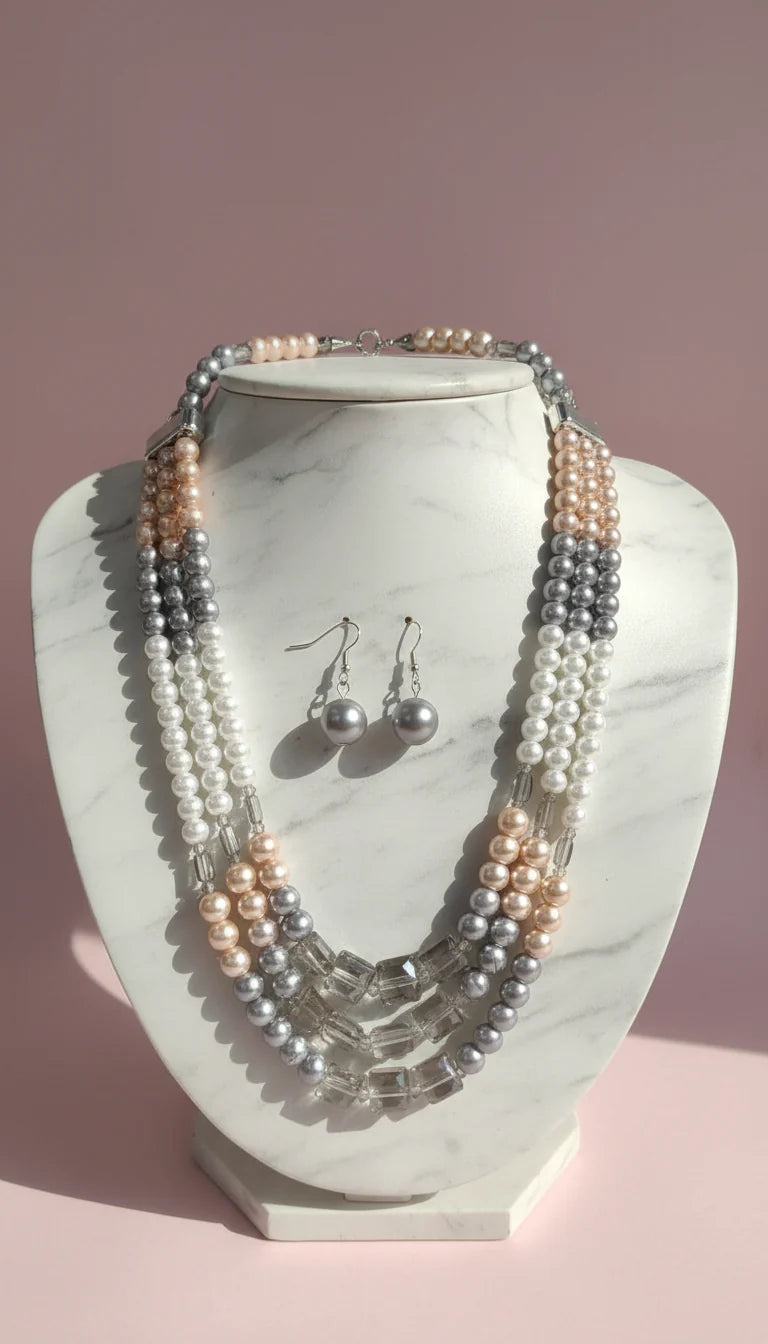 Square Crystal & Pearl Multi Layer Necklace & Earrings Set