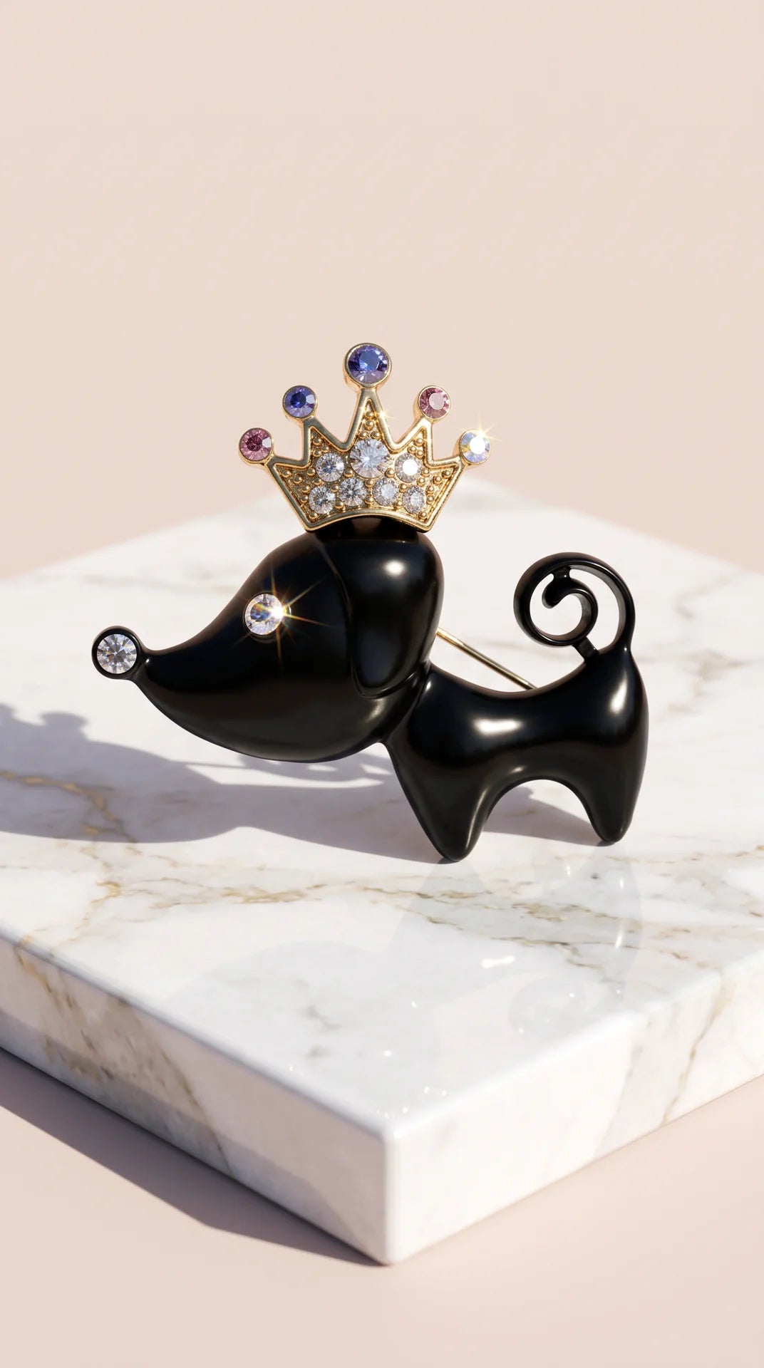 Black Sausage Dog Dachshund Crown Crystal Brooch Pin