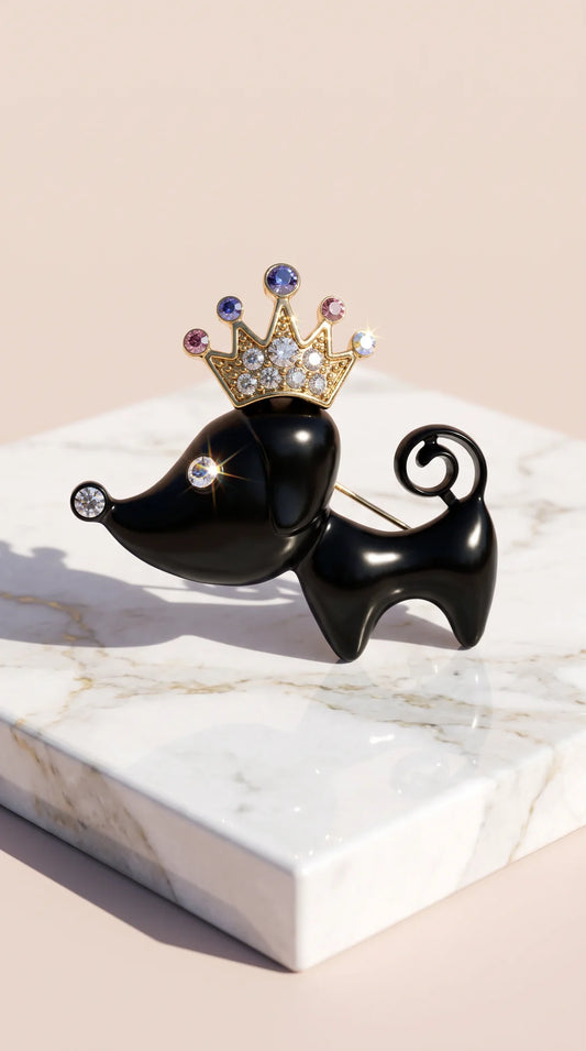 Black Sausage Dog Dachshund Crown Crystal Brooch Pin