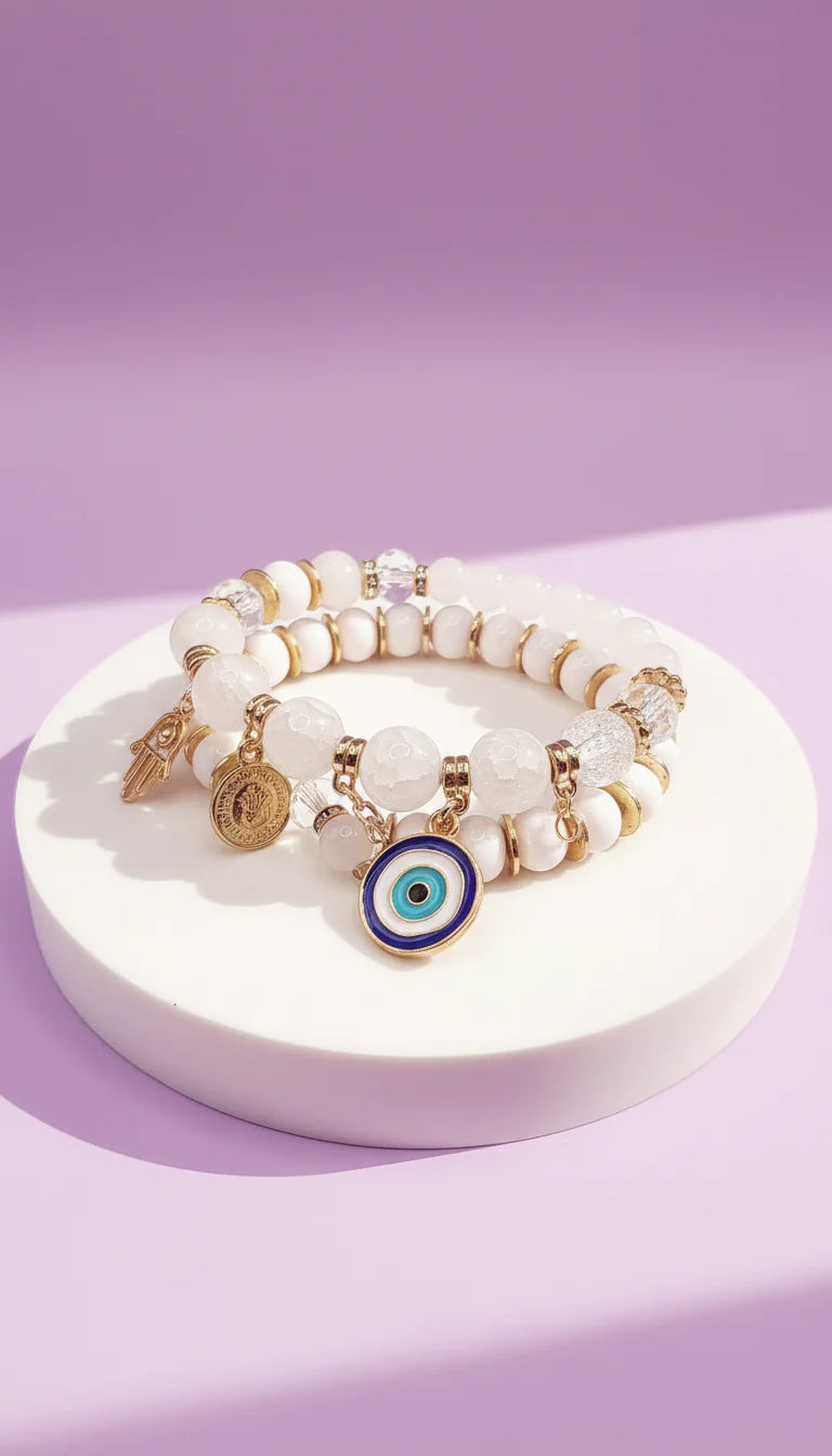 Evil Eye Charm Ceramic Beaded Bracelet Set