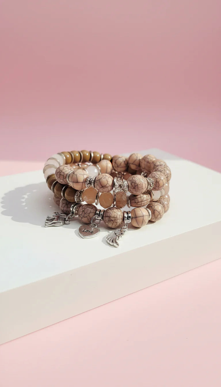 Elephant Love Charm Ceramic Beaded Bracelet Set