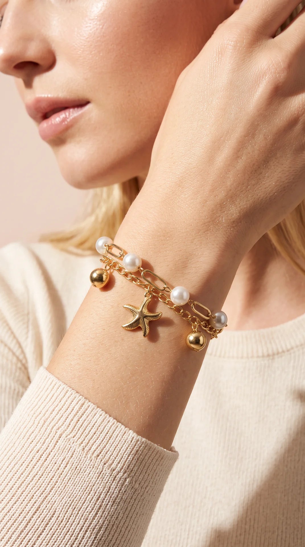 Gold Plated Pearl & Starfish Charm Bracelet