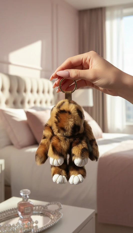 Hand holding a fluffy keychain in a bright room with a couch and table in the background