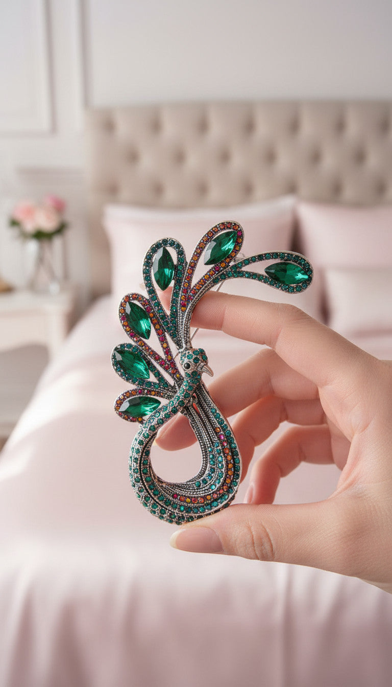 Curved Peacock Crystal Brooch Pin Rhinestone Statement Jewellery