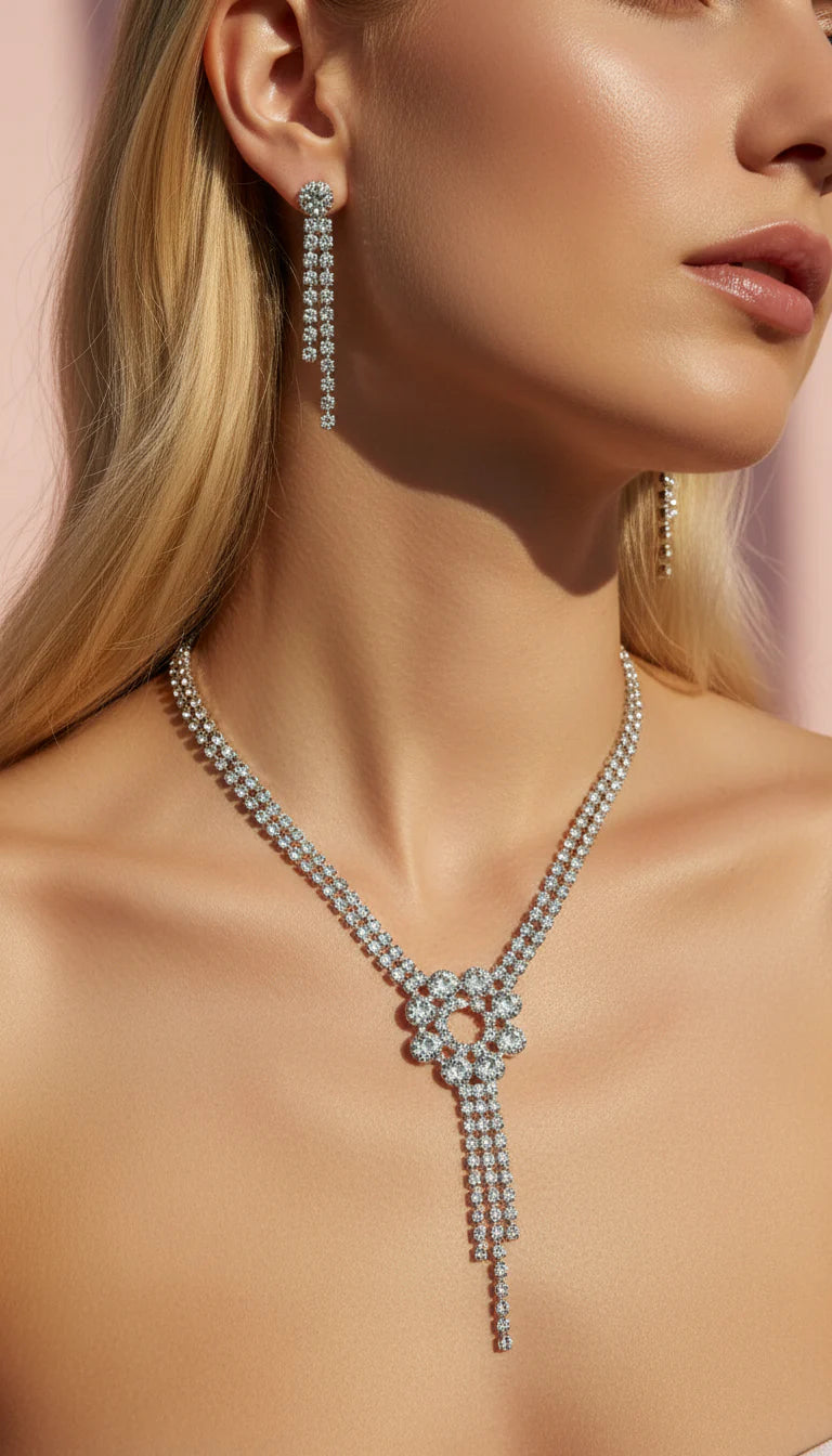 Flower Cluster Statement Crystal Necklace & Earrings Set