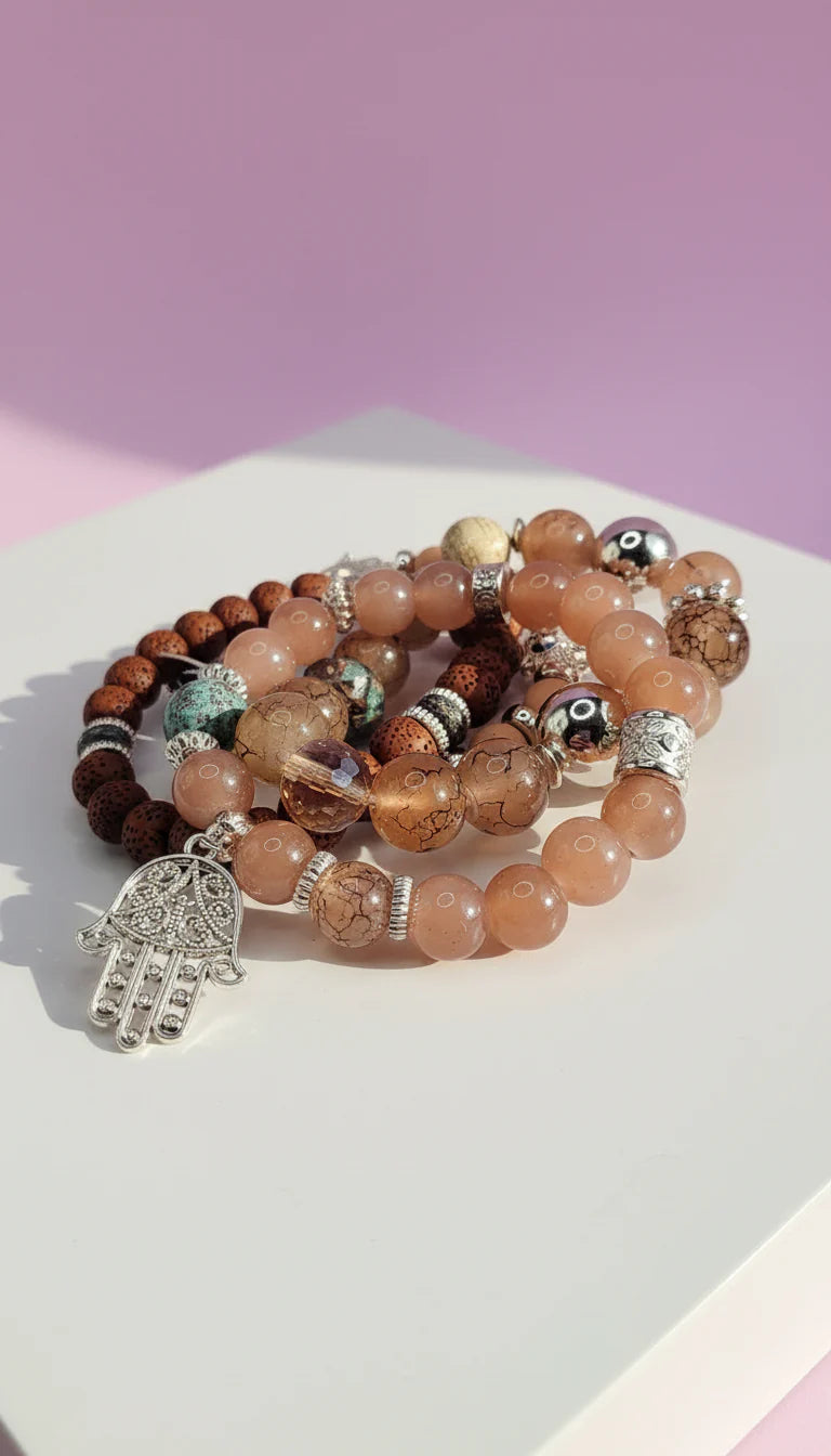 Silver Hamsa Charm Ceramic Beaded Bracelet Set