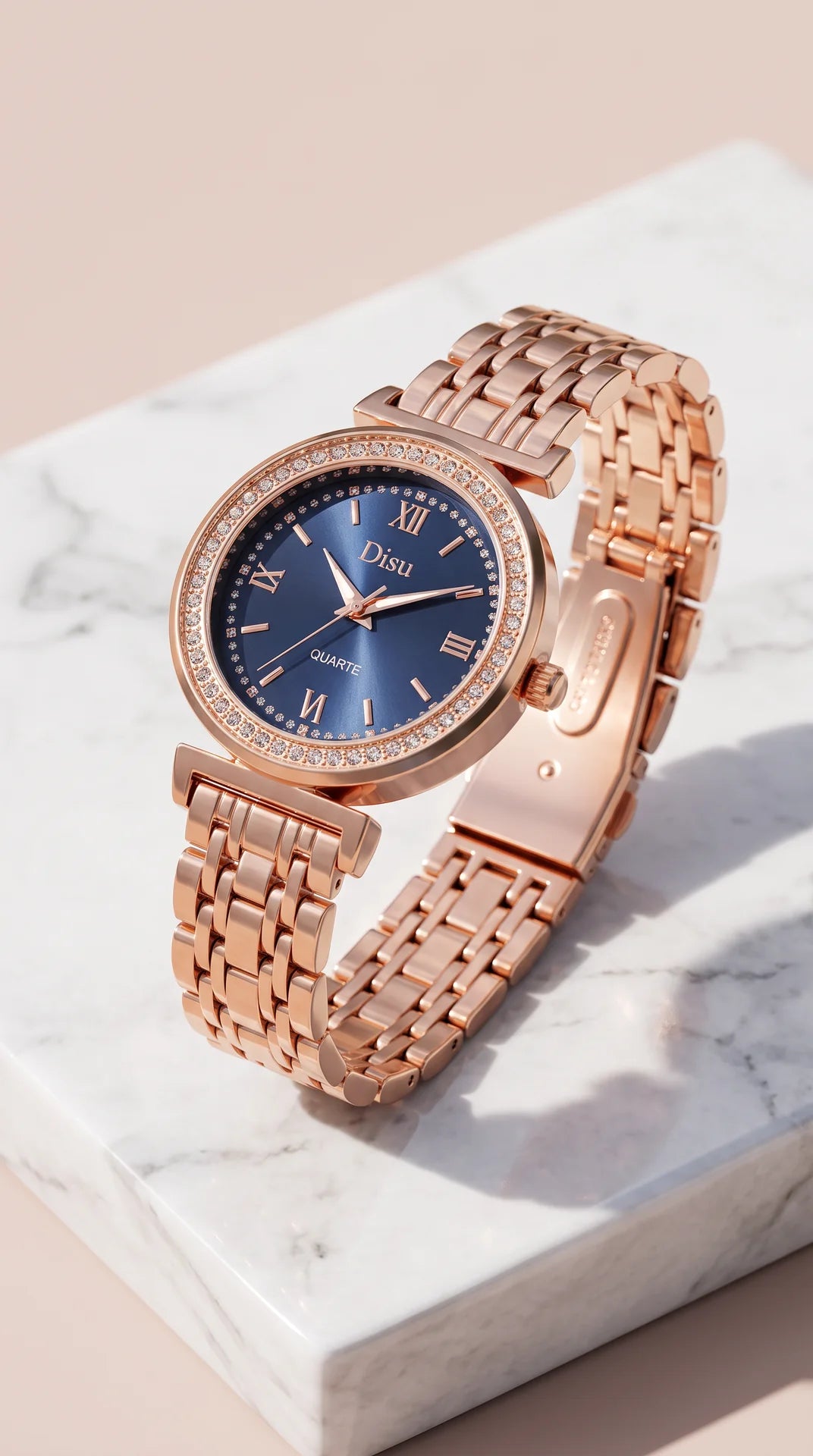 Crystal Bezel Quartz Watch – Classic Metal Link Strap