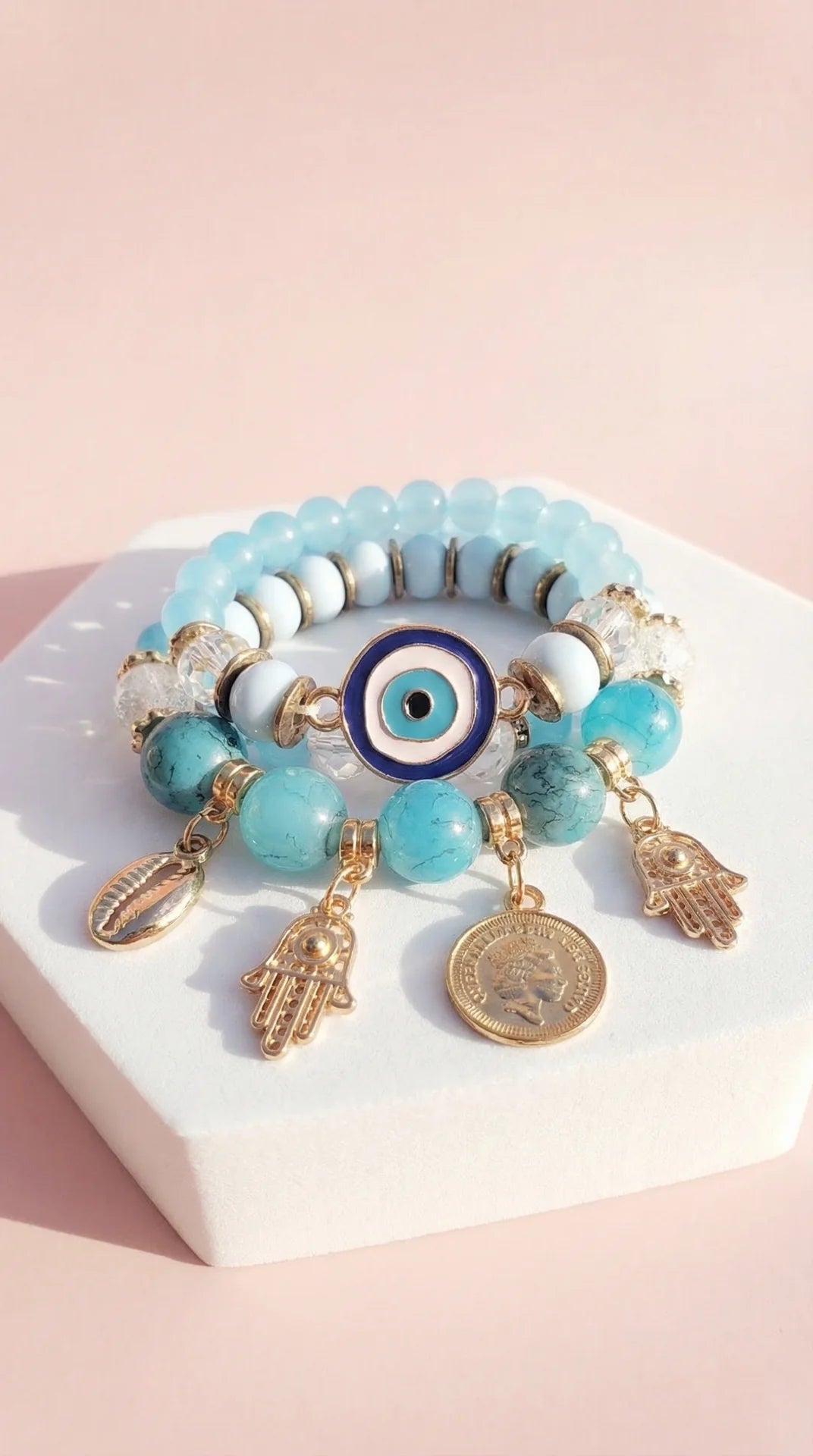 Evil Eye Charm Ceramic Beaded Bracelet Set