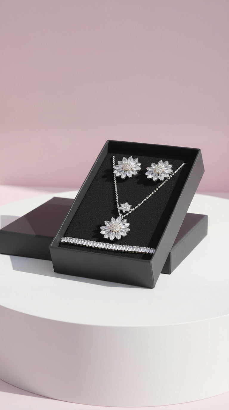 Crystal Flower Jewellery Set – Necklace, Earrings, Bracelet & Ring