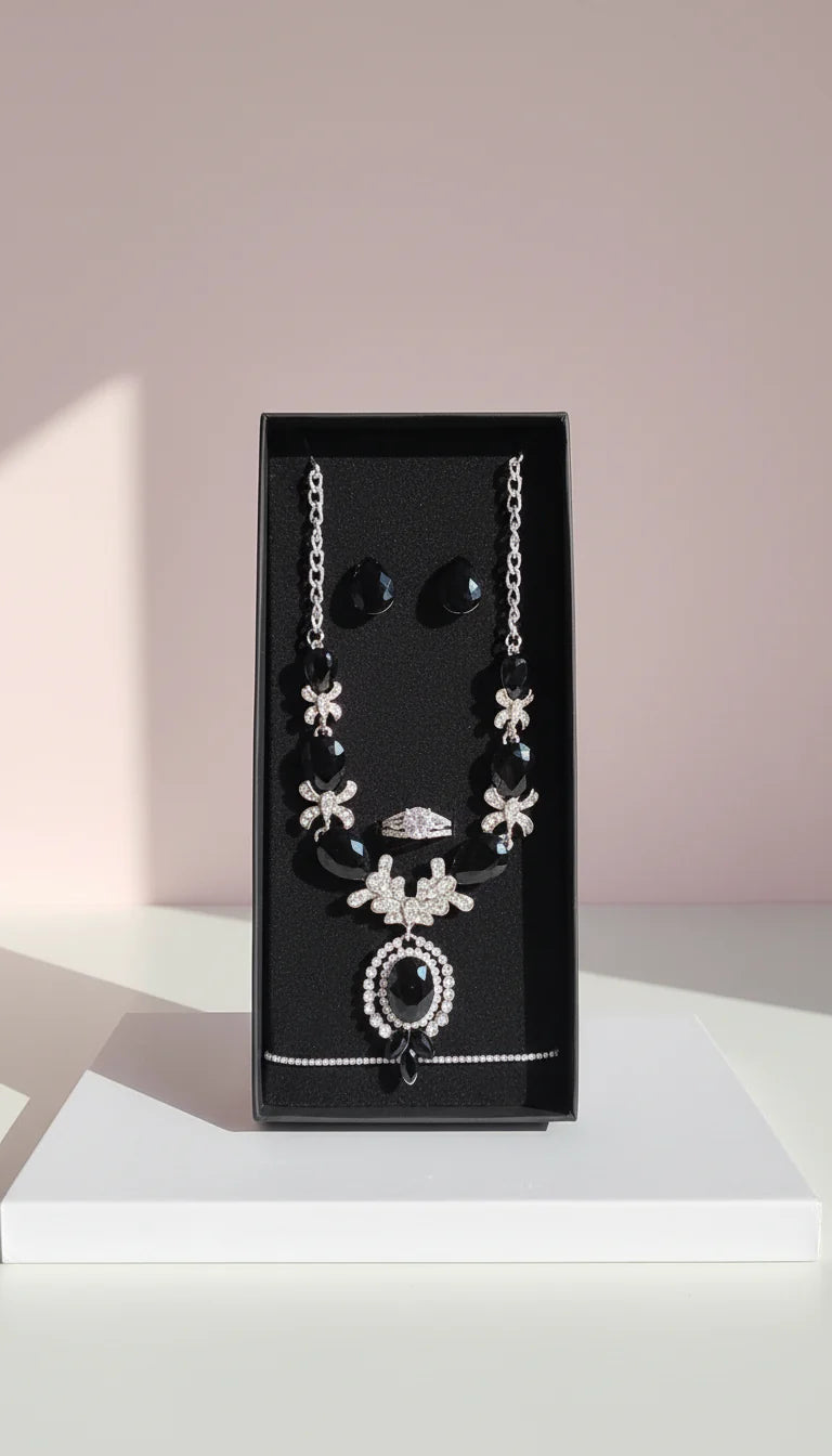 Black Crystal Necklace, Bracelet, Earrings & Ring Set With Gift Box