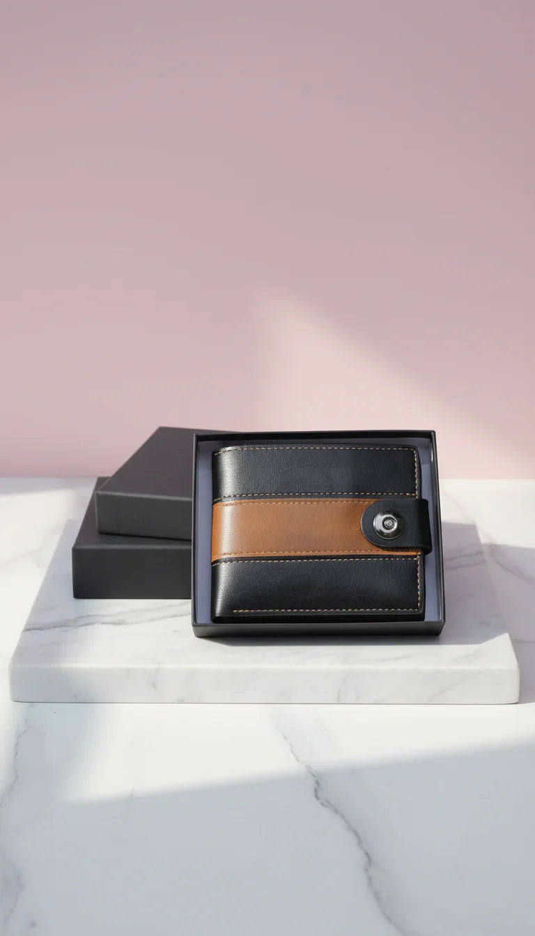 Black & Brown Leather Wallet With Gift Box