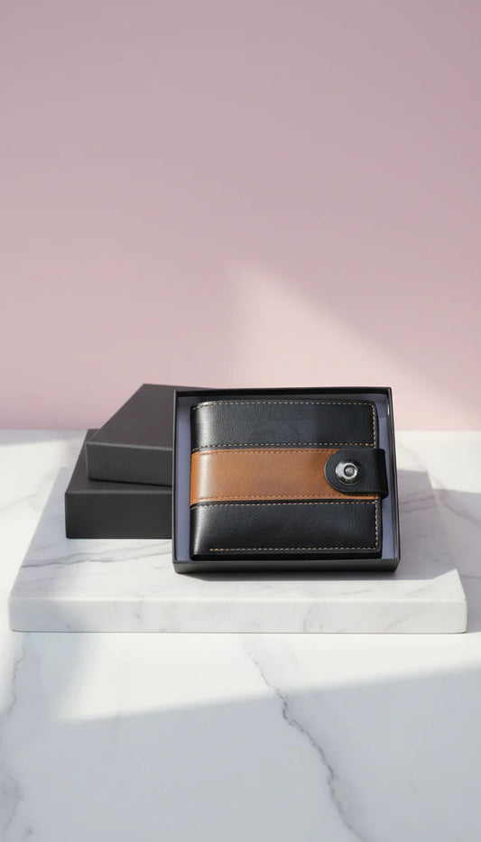 Black & Brown Leather Wallet With Gift Box