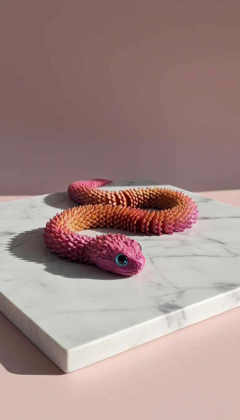 Colorful snake-shaped toy on a marble surface with a pink background