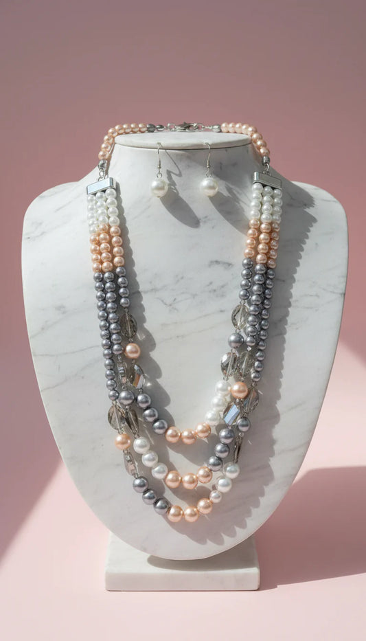 Pearl Multi Layered Necklace & Earrings Set