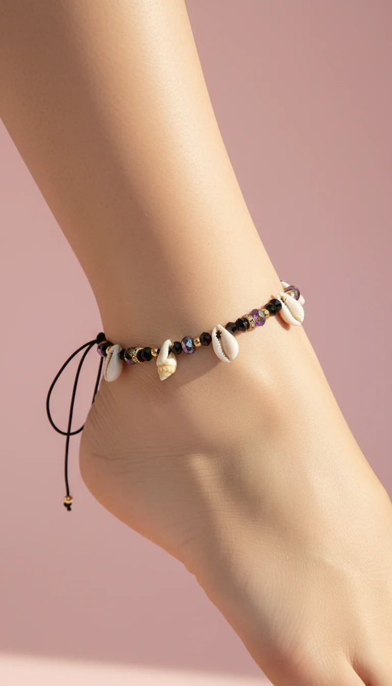 Beaded Shell Faceted Pull Tie Anklet