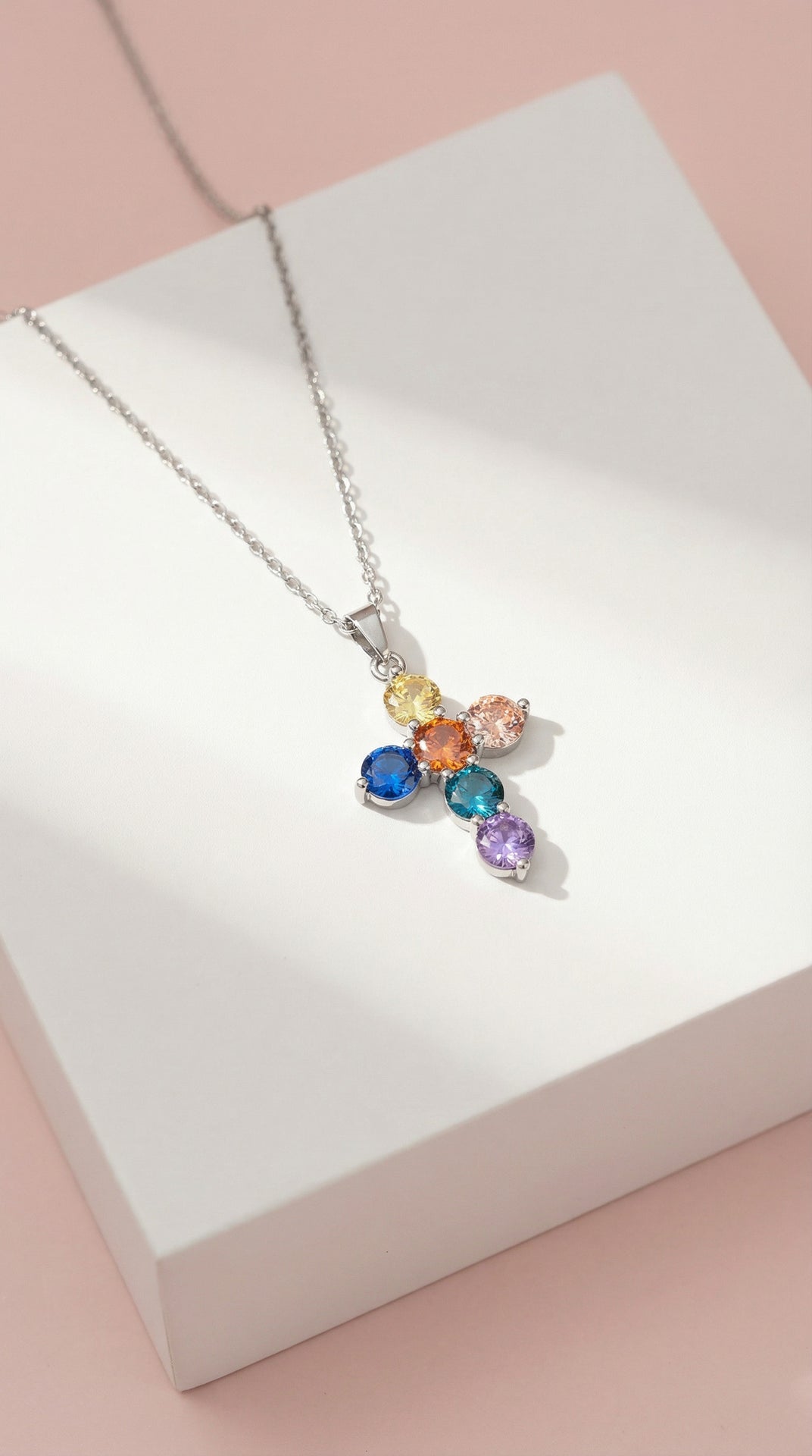 Waterproof Chunky Rainbow Crystal Cross Stainless Steel Necklace