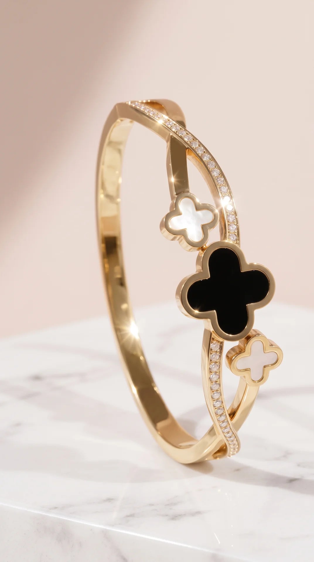 Clover Stainless Steel Gold Plated Crystal Bangle