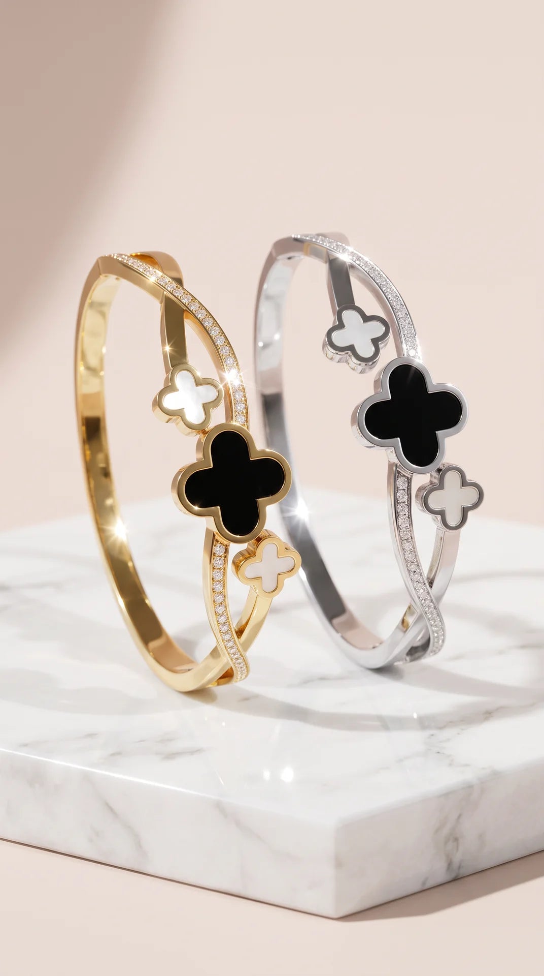 Clover Stainless Steel Gold Plated Crystal Bangle