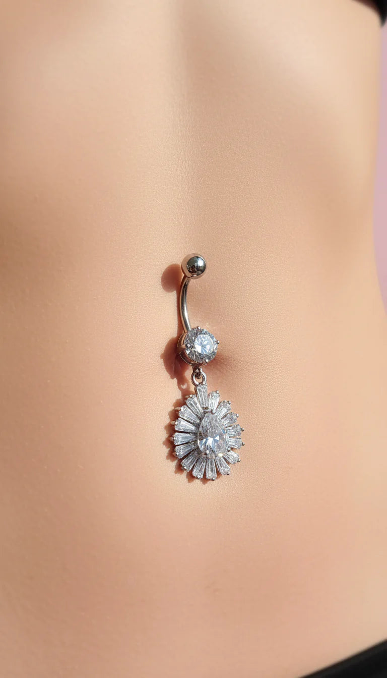 Starburst Stainless Steel Crystal Belly Bar Piercing