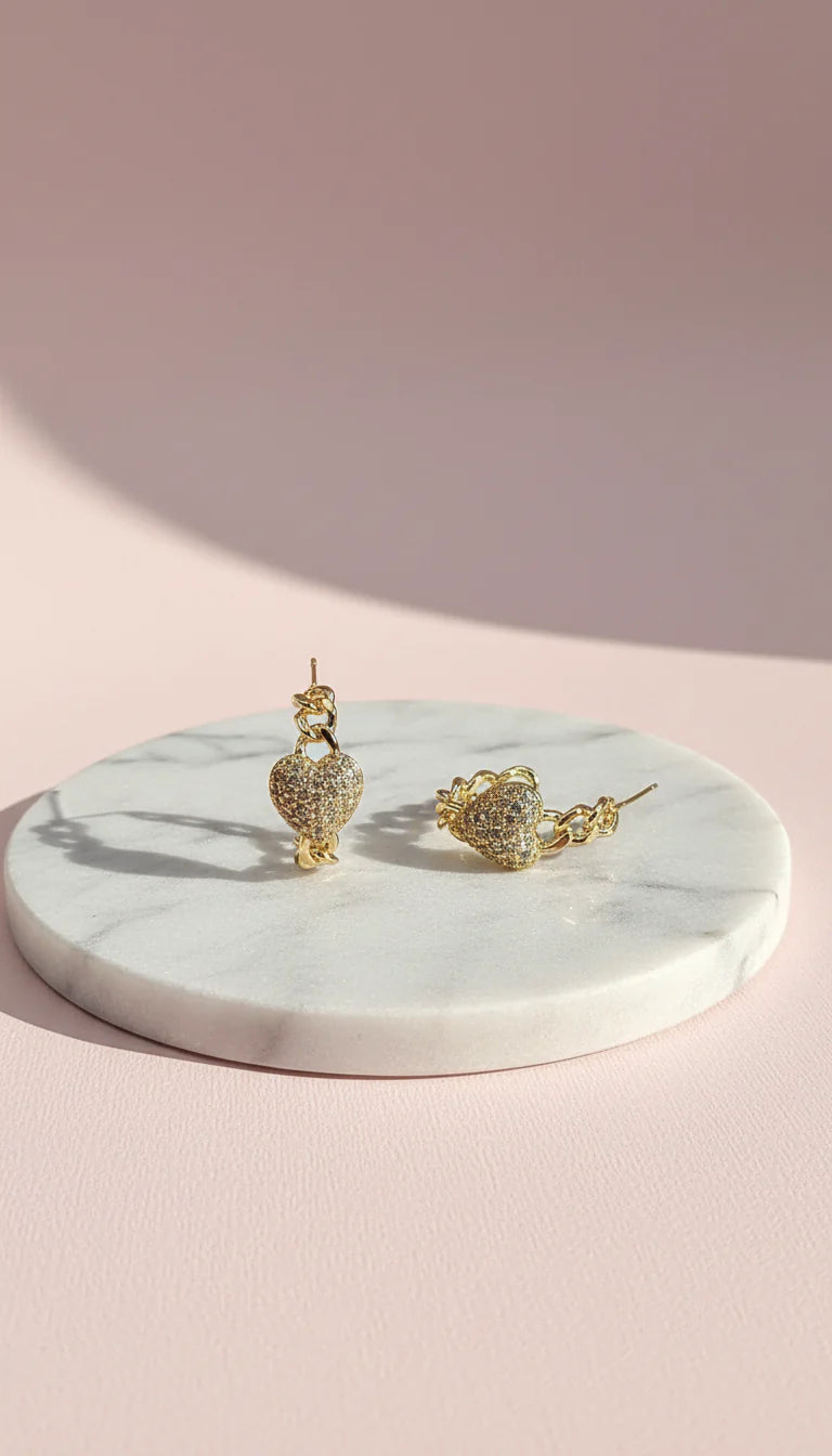 Crystal Heart Huggie Link Earrings