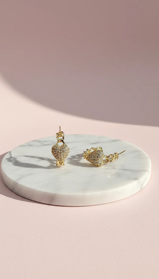 Crystal Heart Huggie Link Earrings