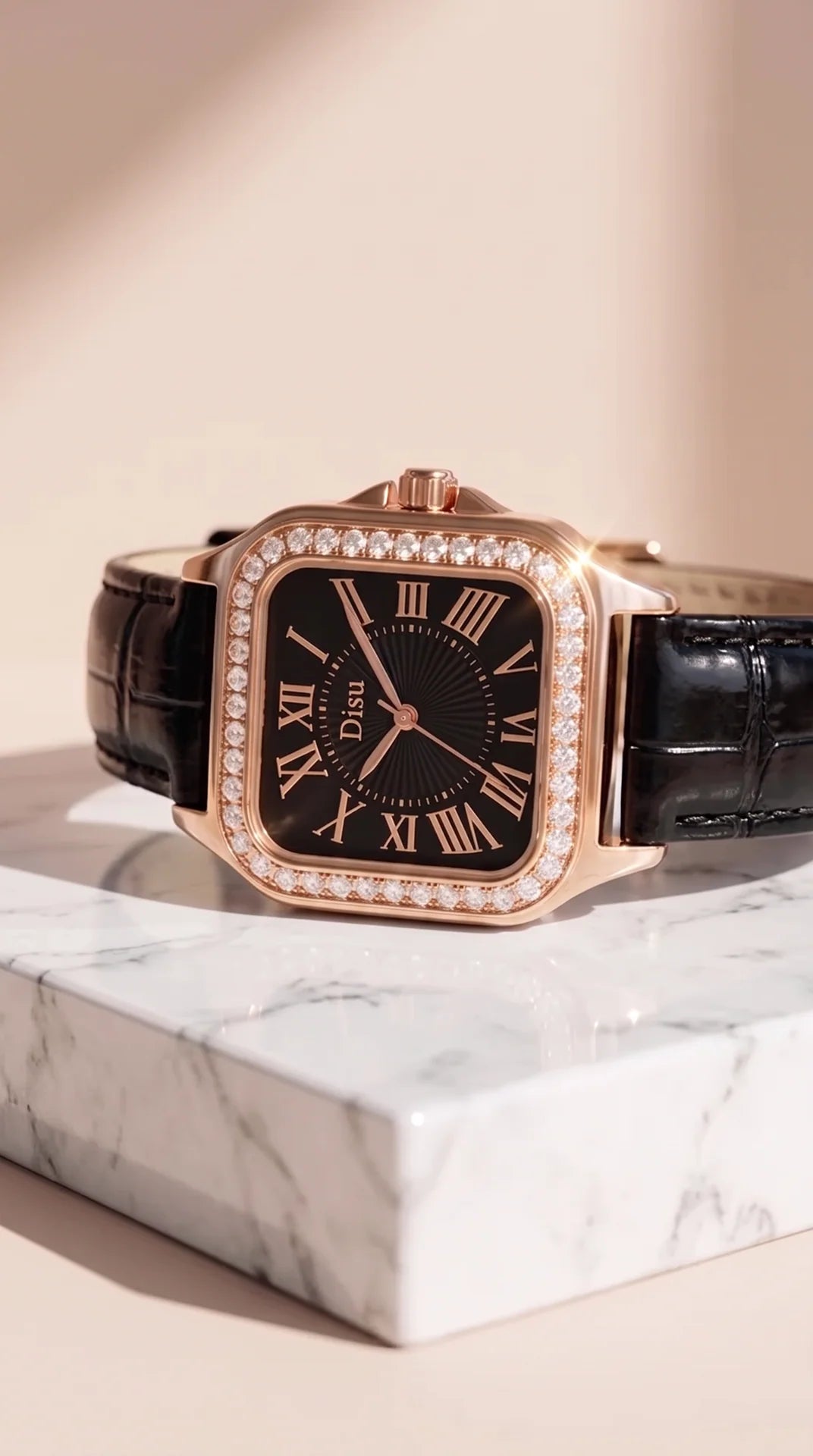 Crystal Square Dial Faux Leather Strap Watch