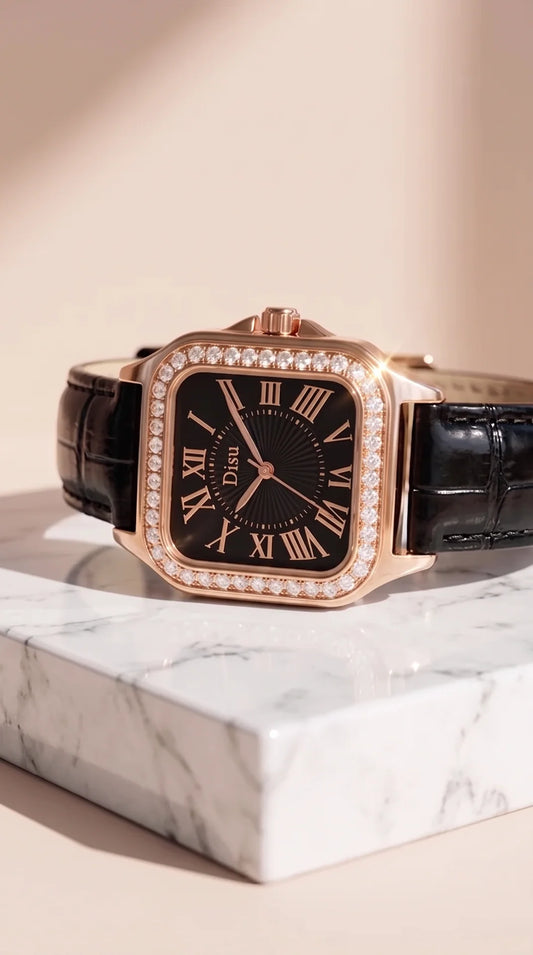 Crystal Square Dial Faux Leather Strap Watch