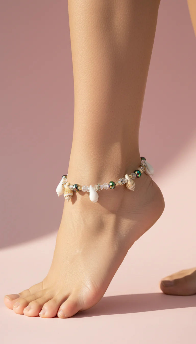 Beaded Shell Faceted Pull Tie Anklet